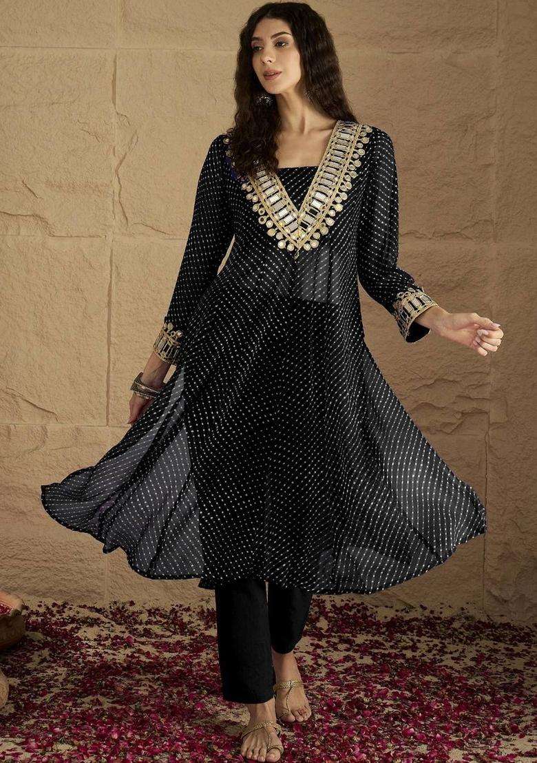 Black Printed Georgette Kurta Set - Indya