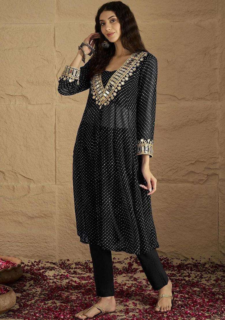 Black Printed Georgette Kurta Set - Indya