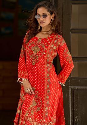 Red Printed Silk Kurta Set