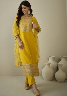 Yellow Embroidered Georgette Kurta Set