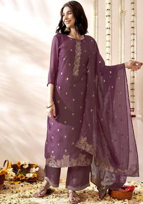 Pink Woven Design Organza Kurta Set