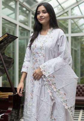 Lavender Embroidered Cotton Kurta Set