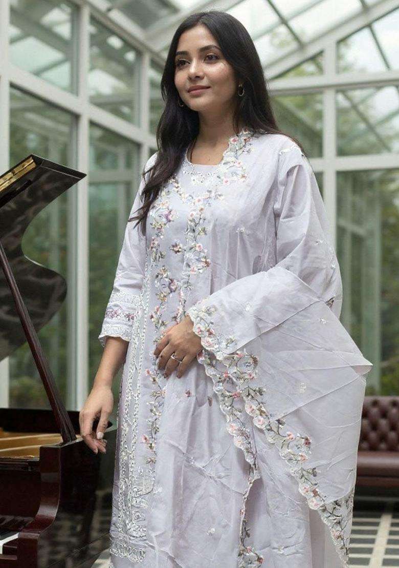 Lavender Embroidered Cotton Kurta Set - Indya
