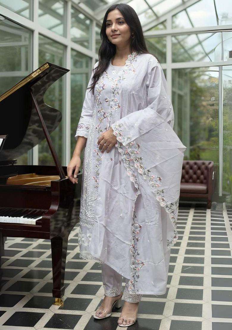 Lavender Embroidered Cotton Kurta Set - Indya