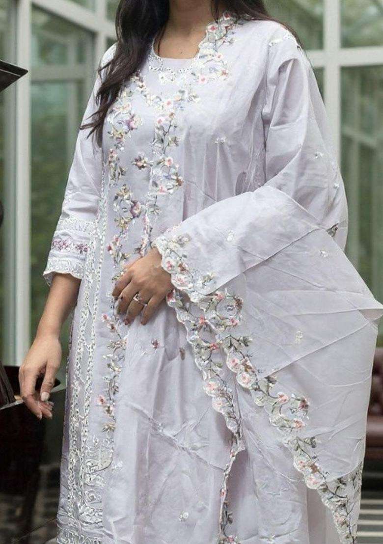 Lavender Embroidered Cotton Kurta Set - Indya