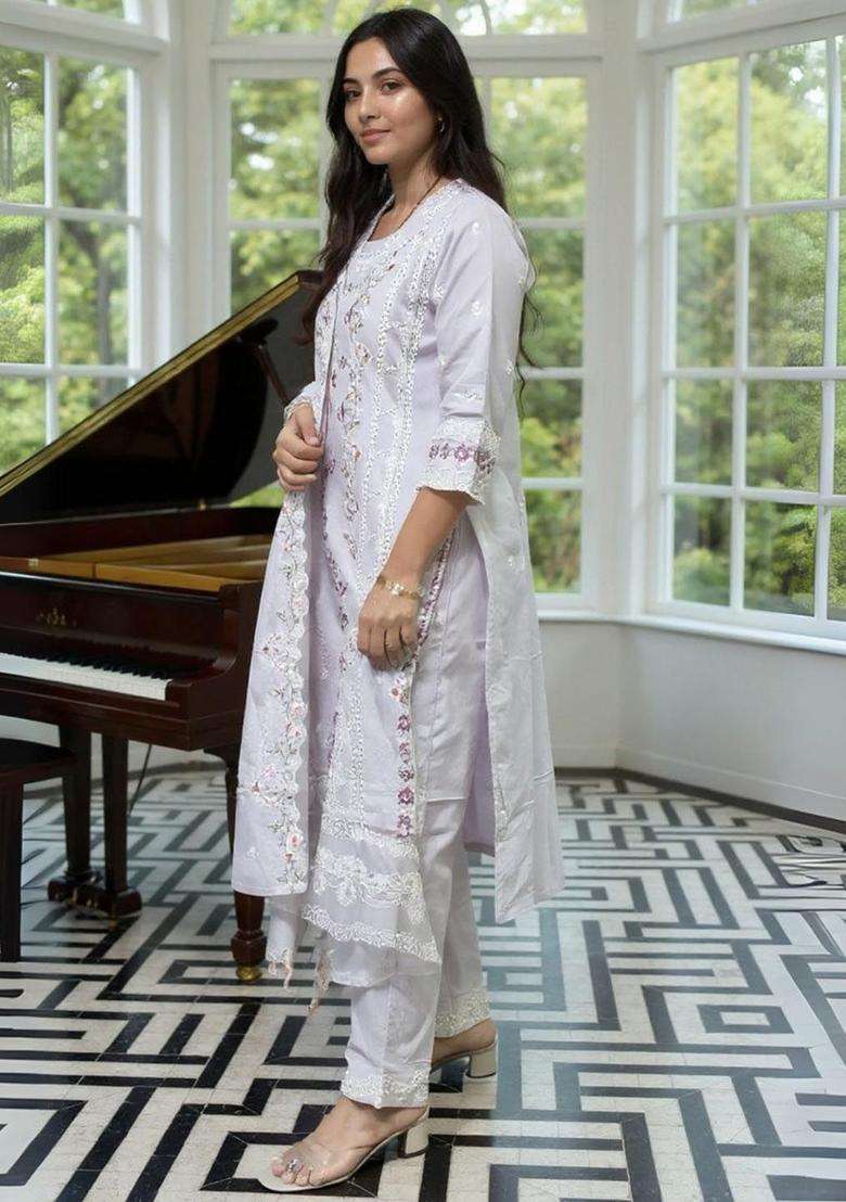Lavender Embroidered Cotton Kurta Set - Indya