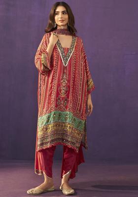 Red Printed Silk Kurta Set