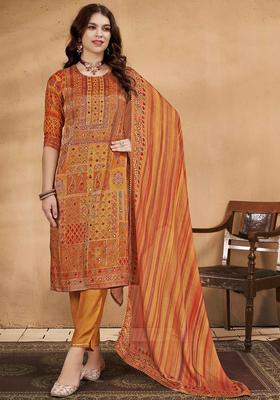 Mustard Printed Silk Blend Kurta Set