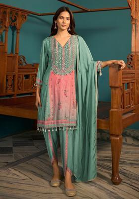 Sea Green Printed Silk Kurta Set