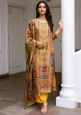 Mustard Printed Silk Blend Kurta Set