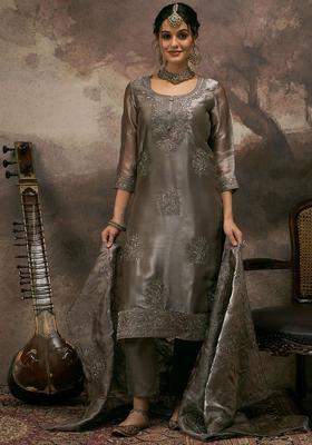 Grey Embroidered Silk Kurta Set