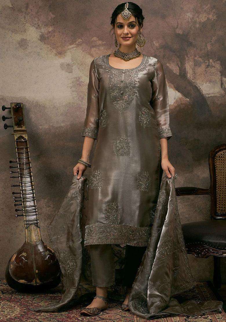 Grey Embroidered Silk Blend Kurta Set - Indya