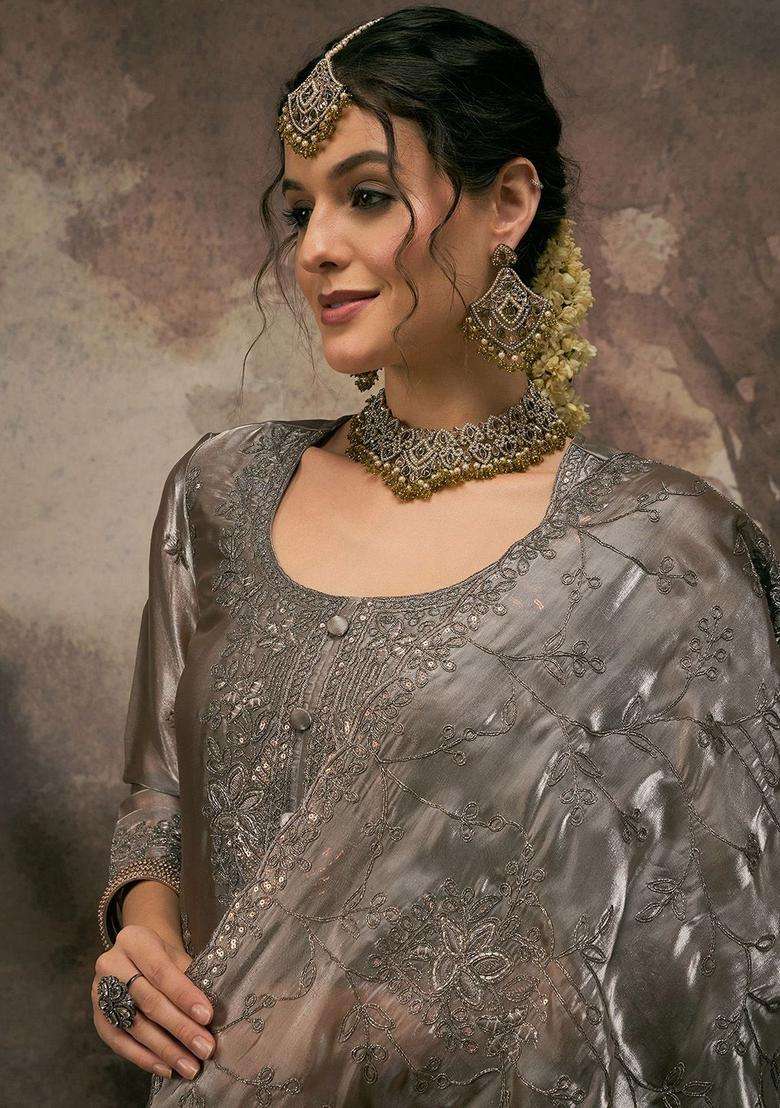 Grey Embroidered Silk Blend Kurta Set - Indya