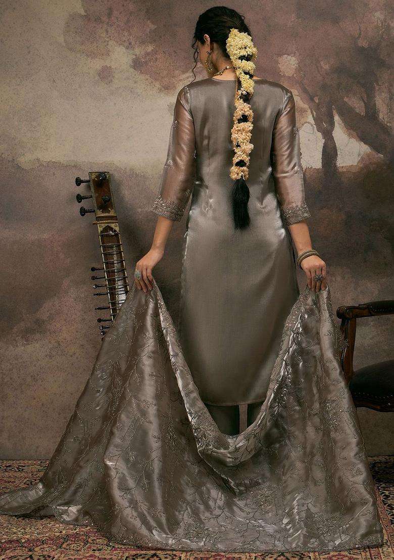 Grey Embroidered Silk Blend Kurta Set - Indya