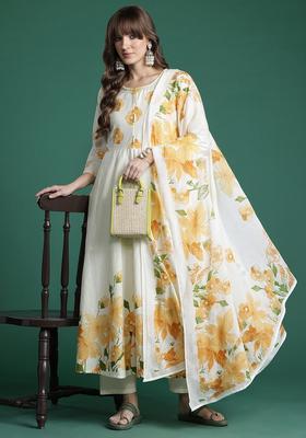 Off White Printed Cotton Kurta Set