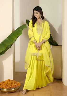 Yellow Embroidered Georgette Sharara Set