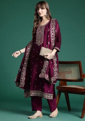 Burgundy Embroidered Silk Blend Kurta Set