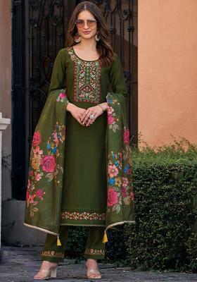 Olive Yoke Design Silk Blend Kurta Set