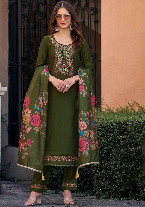 Olive Yoke Design Silk Kurta Set