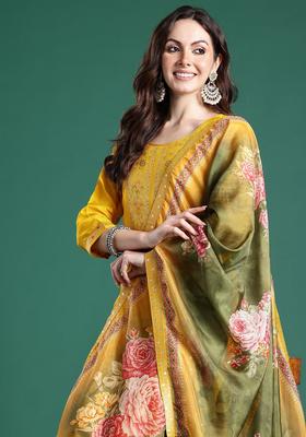 Yellow Woven Design Silk Blend Kurta Set
