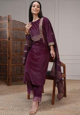 Purple Embroidered Polyester Kurta Set