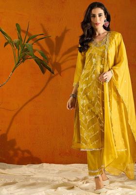 Mustard Woven Design Viscose Kurta Set