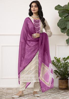 Off White Printed Cotton Kurta Set