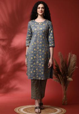 Grey Printed Cotton Kurta Set
