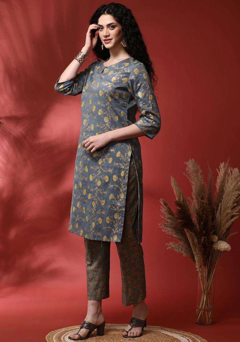 Grey Printed Cotton Kurta Set - Indya