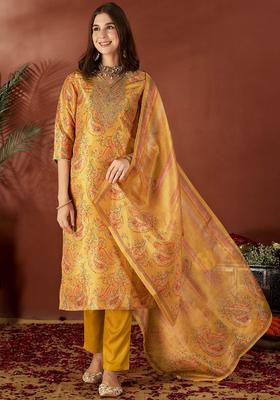 Mustard Embroidered Tissue Kurta Set