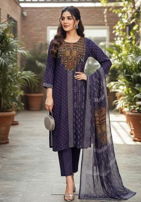 Purple Printed Viscose Kurta Set