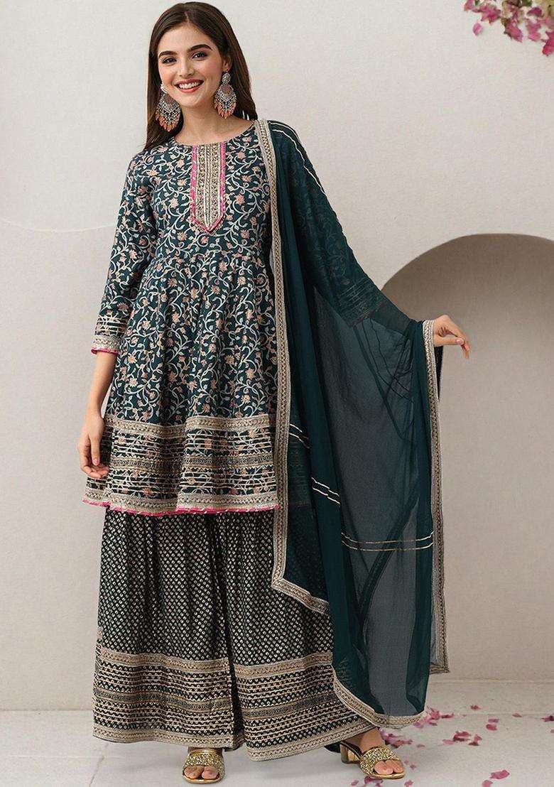 Green Printed Cotton Anarkali Set - Indya