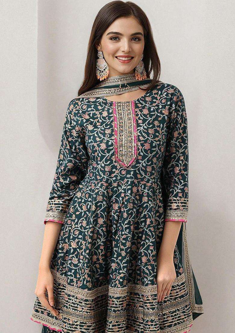 Green Printed Cotton Anarkali Set - Indya