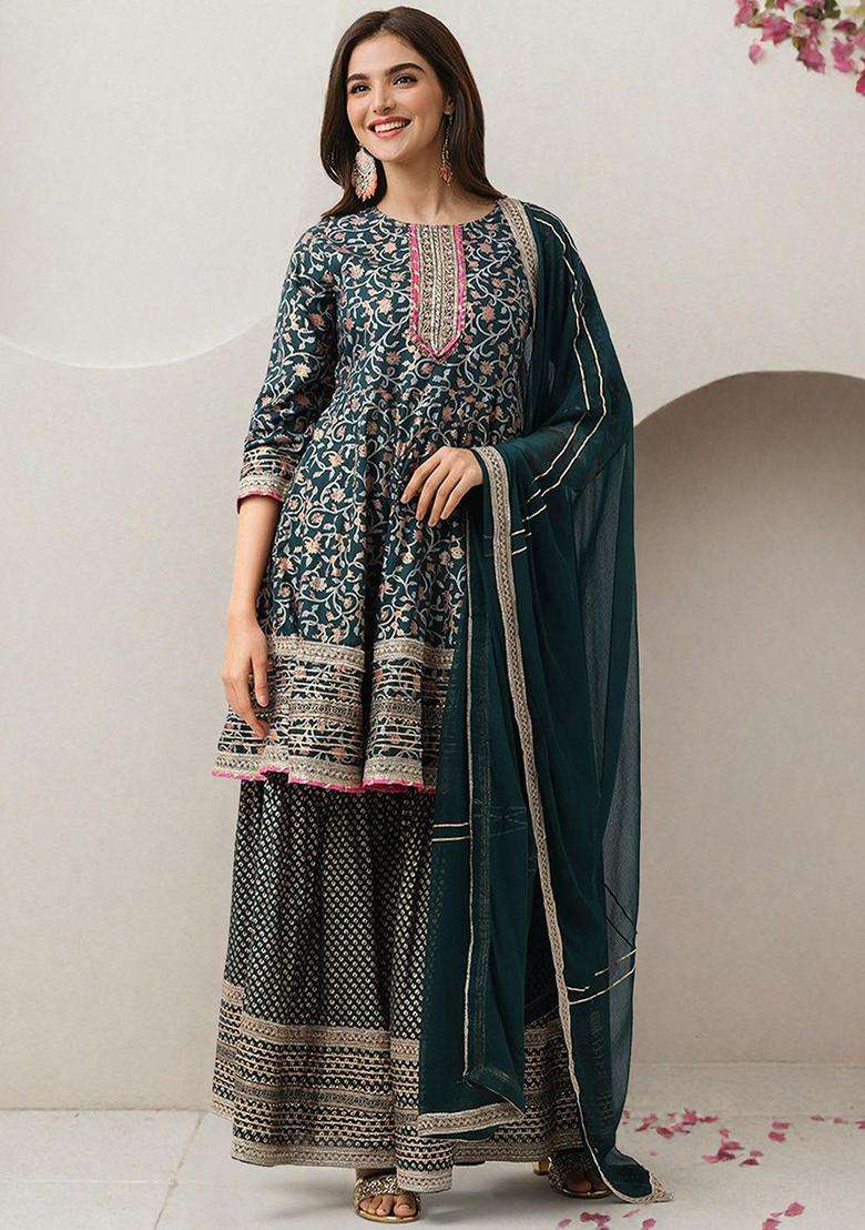 Green Printed Cotton Anarkali Set - Indya