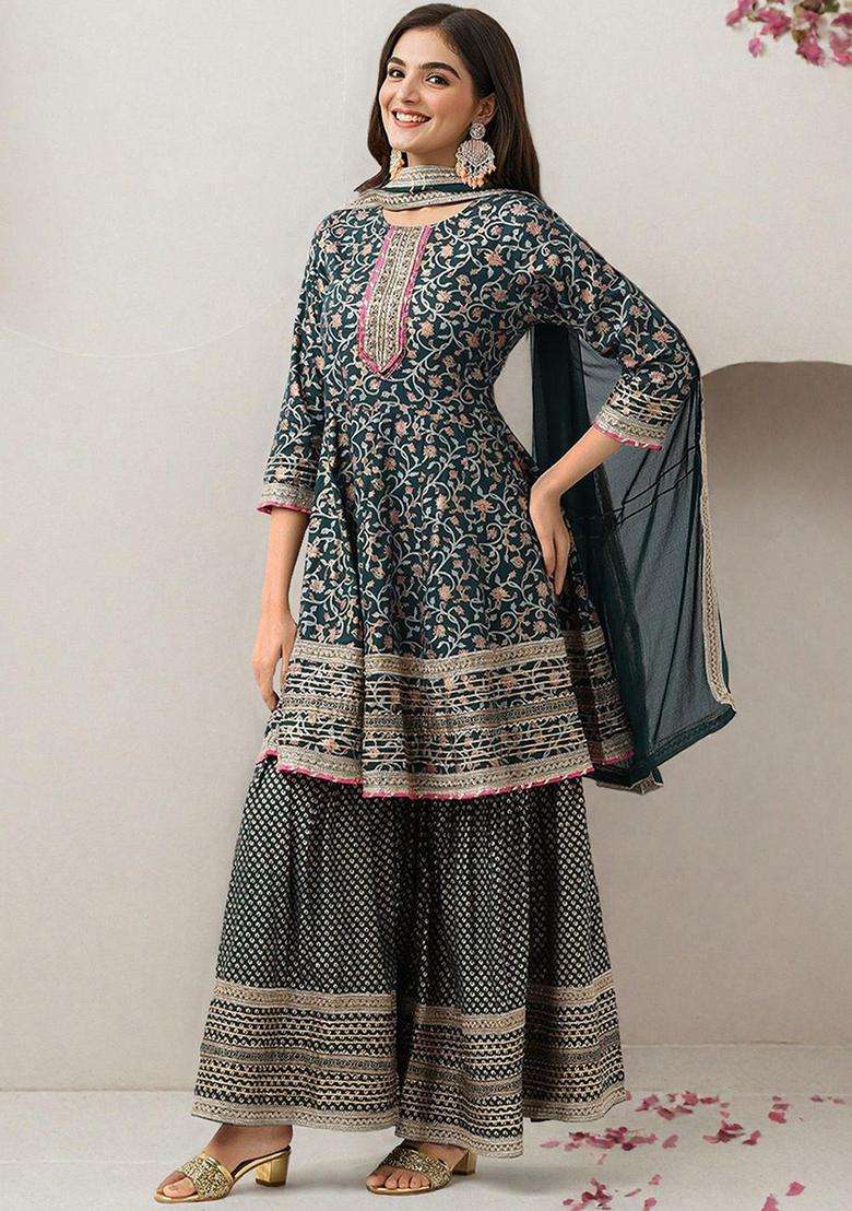 Green Printed Cotton Anarkali Set - Indya