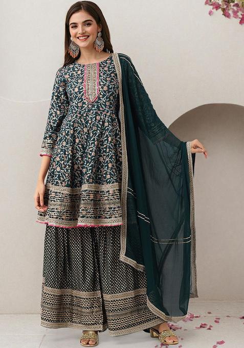 Green Printed Cotton Anarkali Set — view on Indya