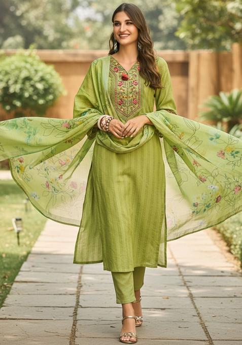 Lime Green Embroidered Linen Kurta Set — view on Indya
