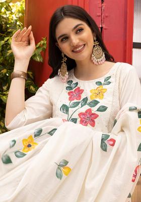 Off White Printed Cotton Kurta Set