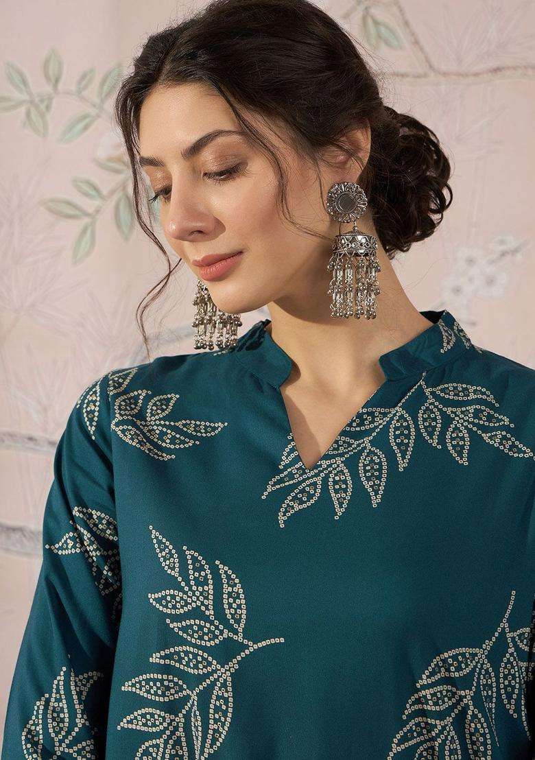 Teal Printed Viscose Kurta Set - Indya
