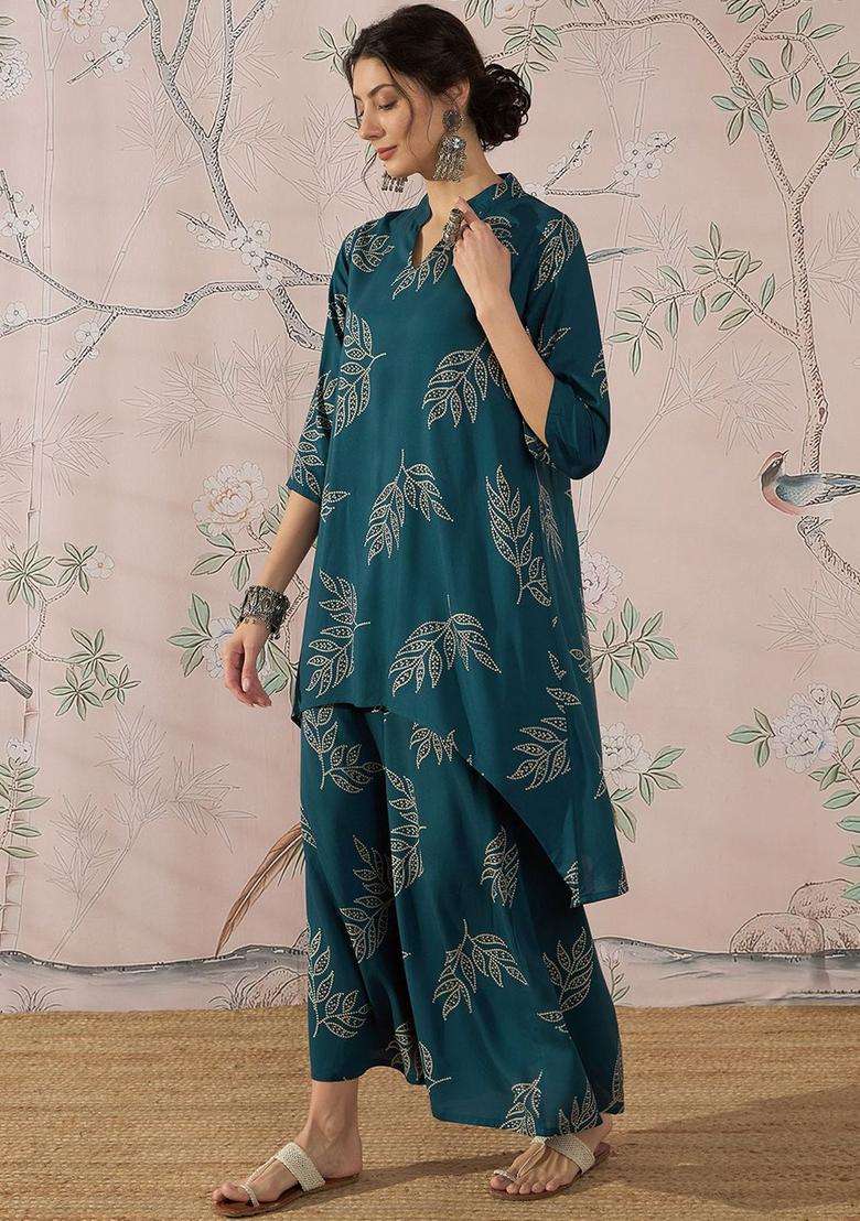 Teal Printed Viscose Kurta Set - Indya