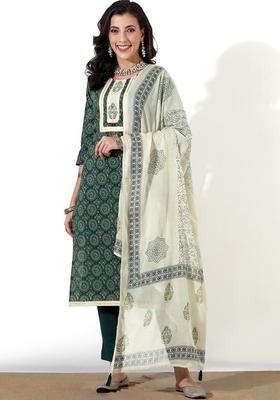 Teal Printed Cotton Kurta Set
