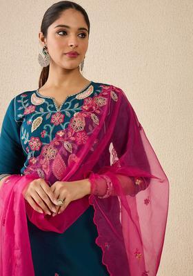 Teal Printed Silk Kurta Set