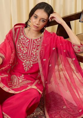 Magenta Embroidered Silk Kurta Set