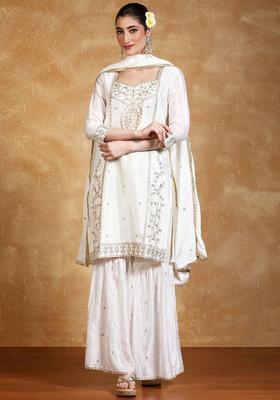 White Embroidered Silk Sharara Set