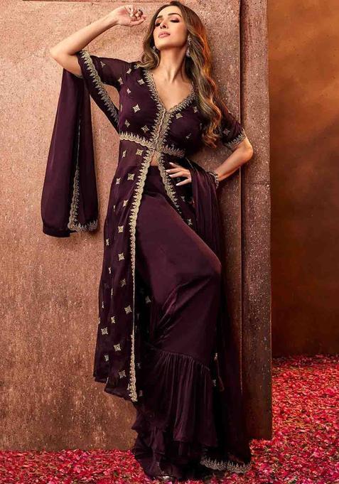 Purple Woven Design Georgette Kurta Set