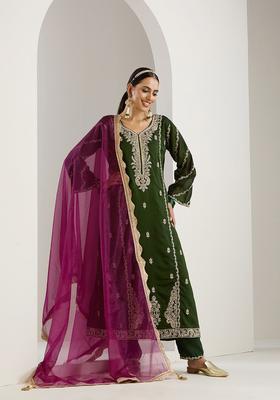 Green Embroidered Chinon Kurta Set