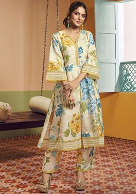 Off White Printed Viscose Anarkali Set