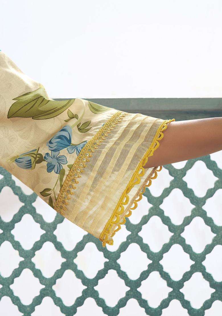 Off White Printed Viscose Anarkali Set - Indya