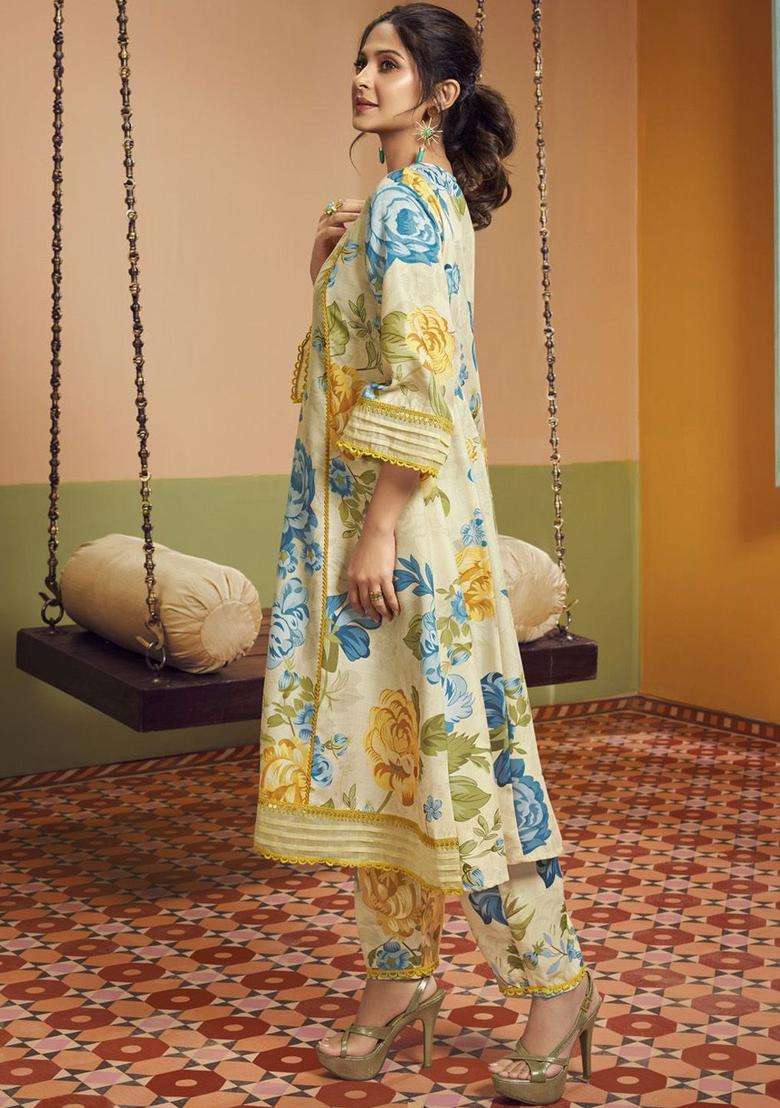 Off White Printed Viscose Anarkali Set - Indya