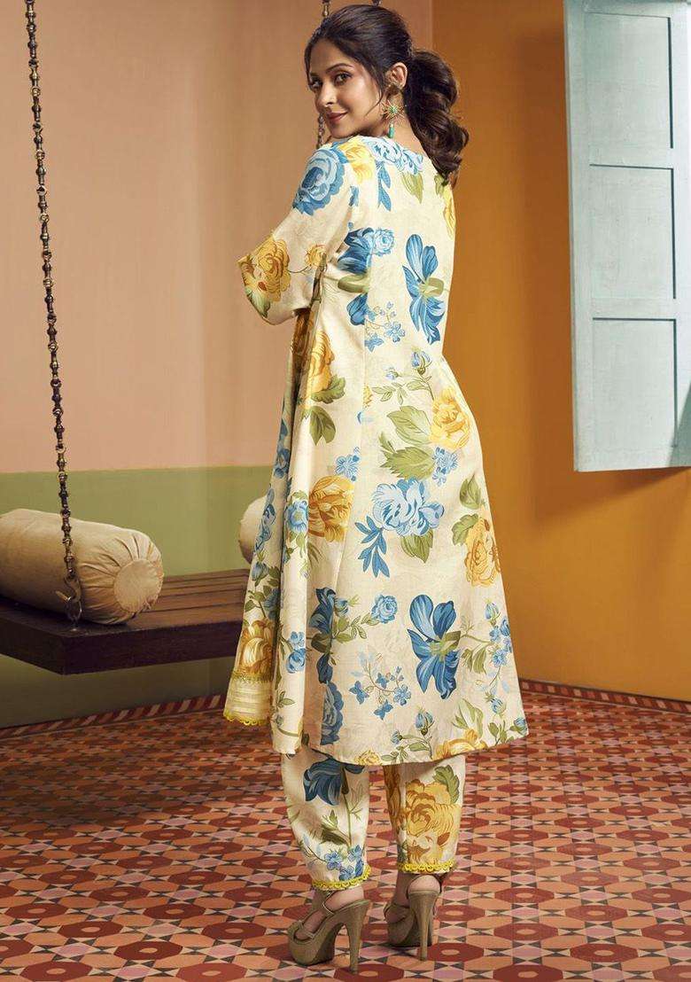 Off White Printed Viscose Anarkali Set - Indya